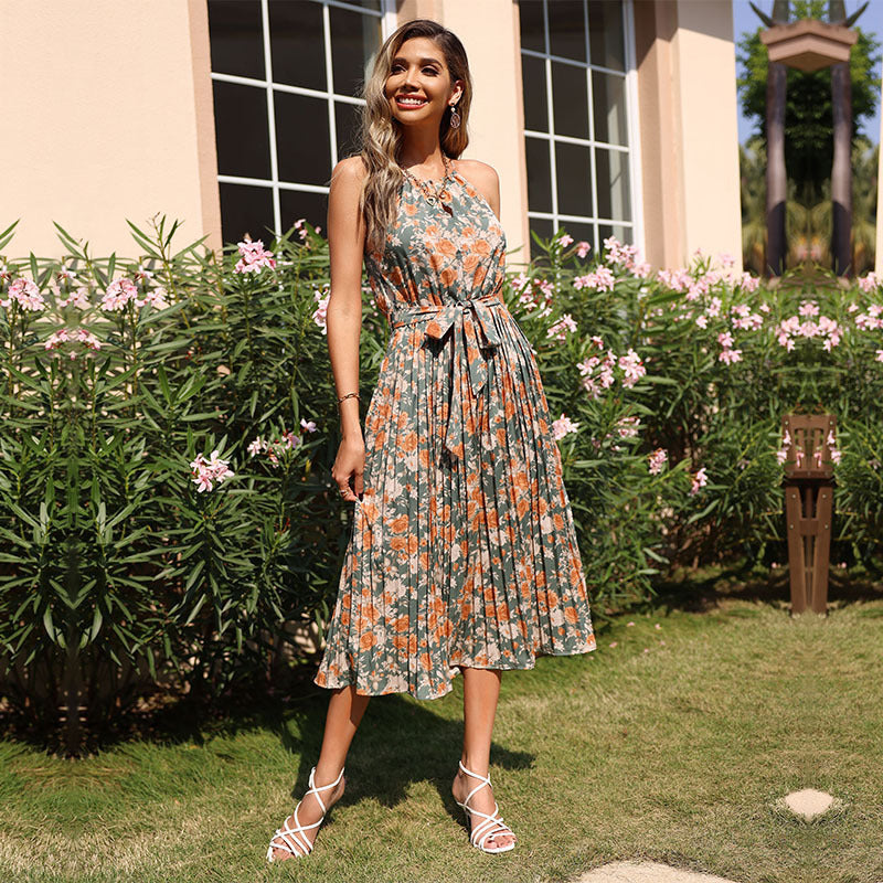 Robe maxi florale pliante pour femmes avec cordon de taille Chic und Stil