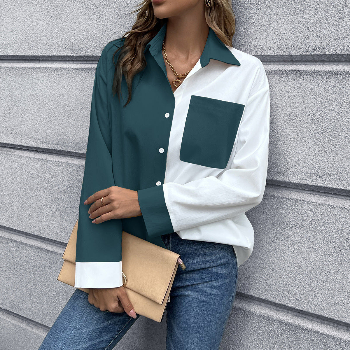 Dames Élégante Blouse Oversize avec Pattes de Contraste Chic und Stil