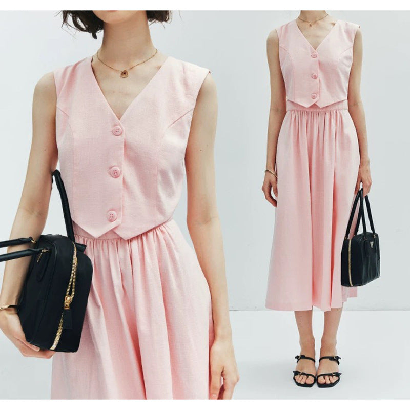 Robe maxi sans manches élégante pour femme avec gilet boutonné Chic und Stil