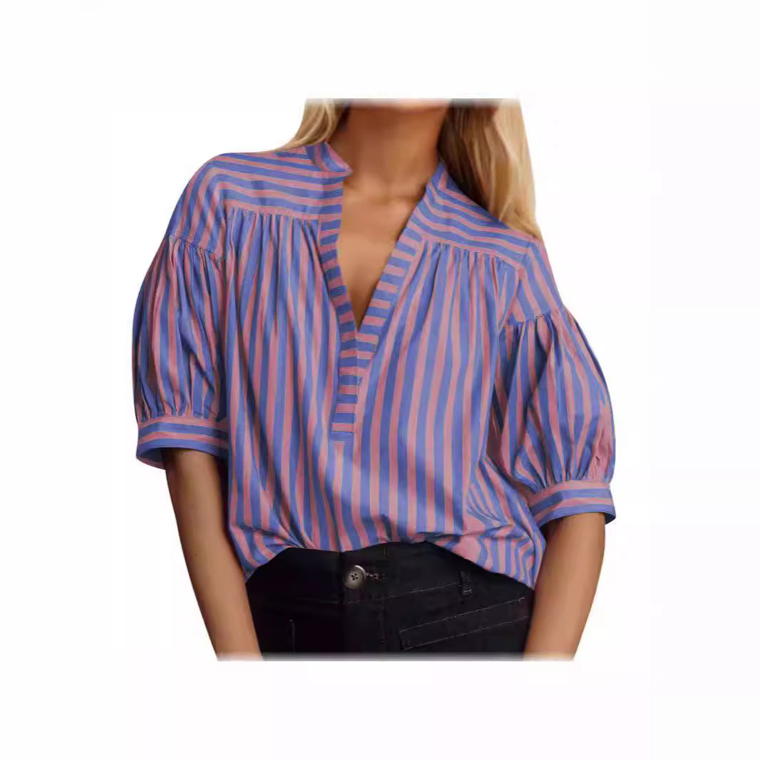 Blouse à manches bouffantes pour dames avec décolleté en V et motif rayé Chic und Stil