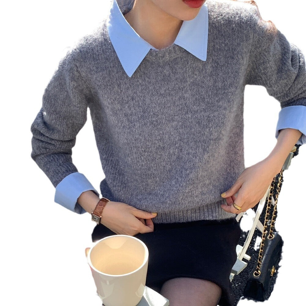 Pull décontracté pour dames avec encolure bleue et col moderne Chic und Stil