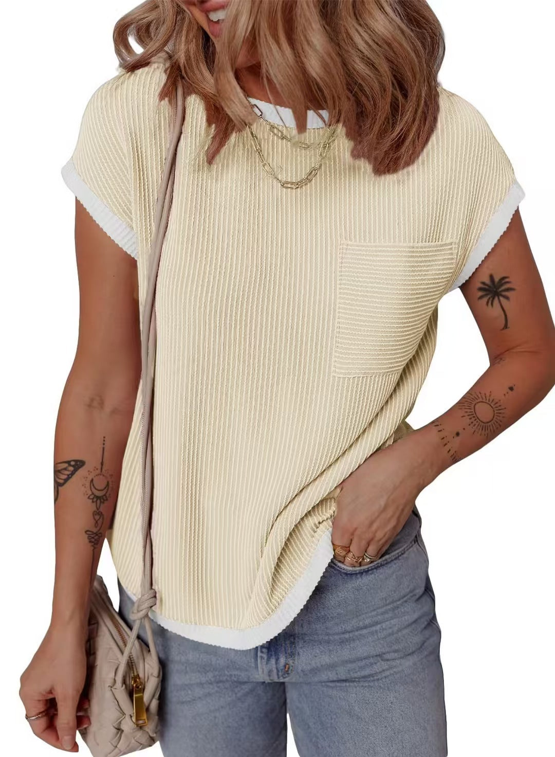 T-shirt en waffle décontracté et respirant pour dames avec poche Chic und Stil