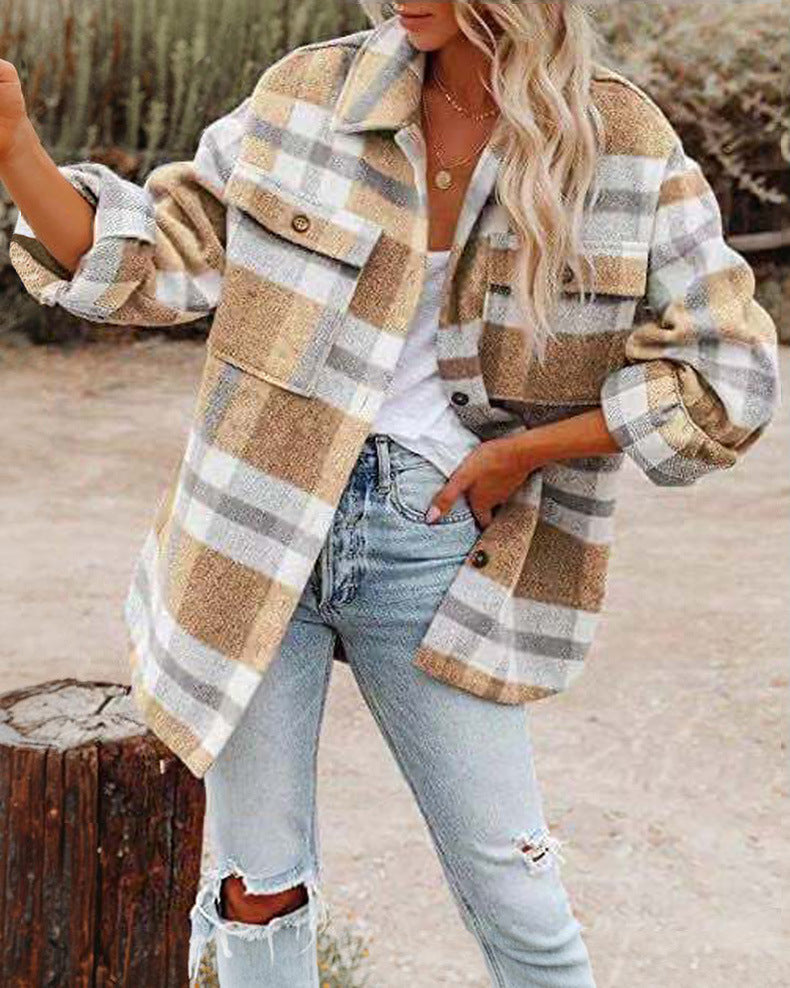 Veste chemise surdimensionnée pour dames avec motif à carreaux et poches pratiques Chic und Stil