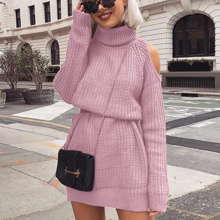 Robe en Maille à Manches Longues pour Femmes avec Col Montant et Design d'Épaule Découverte Chic und Stil