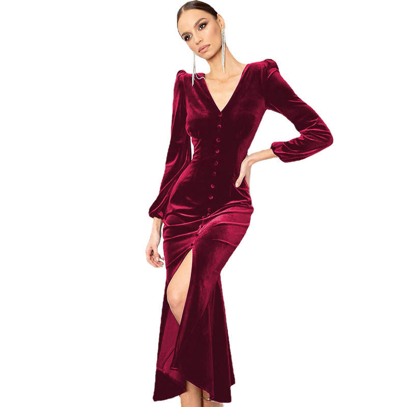 Robe maxi en velours pour femmes avec décolleté en V profond et détails de bouton Chic und Stil