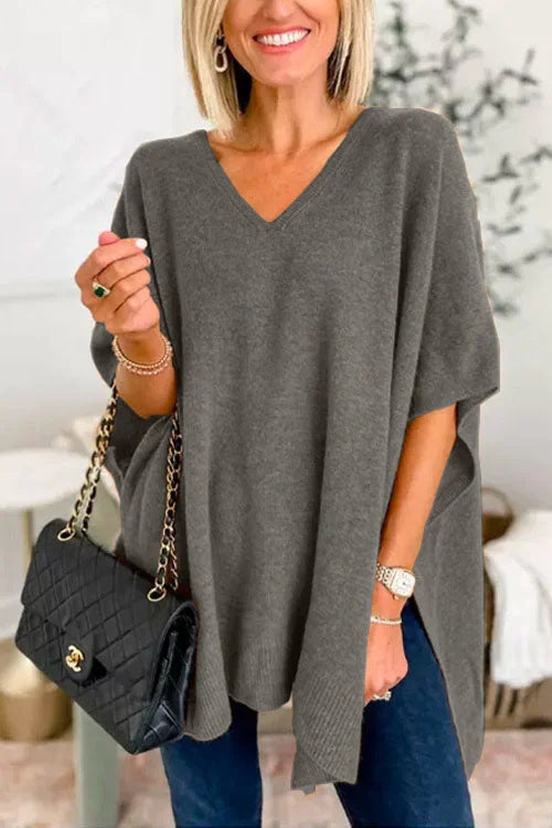 Pull V pour femmes en tricot fin avec des manches larges et un style décontracté Chic und Stil