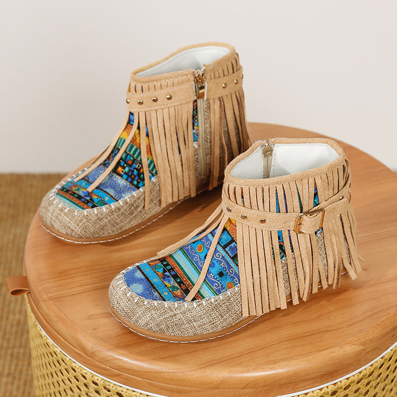 Bottes courtes à franges pour dames en tissu de haute qualité avec un motif ethnique coloré Chic und Stil