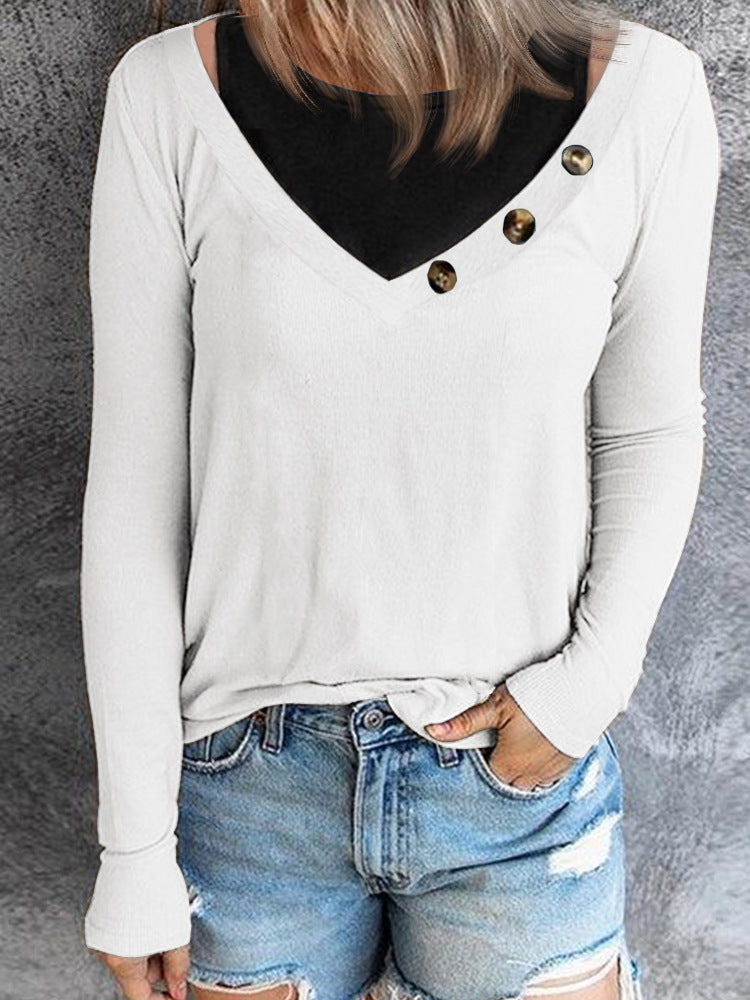 T-shirt à manches longues pour femmes avec décolleté en V et détails de boutons Chic und Stil