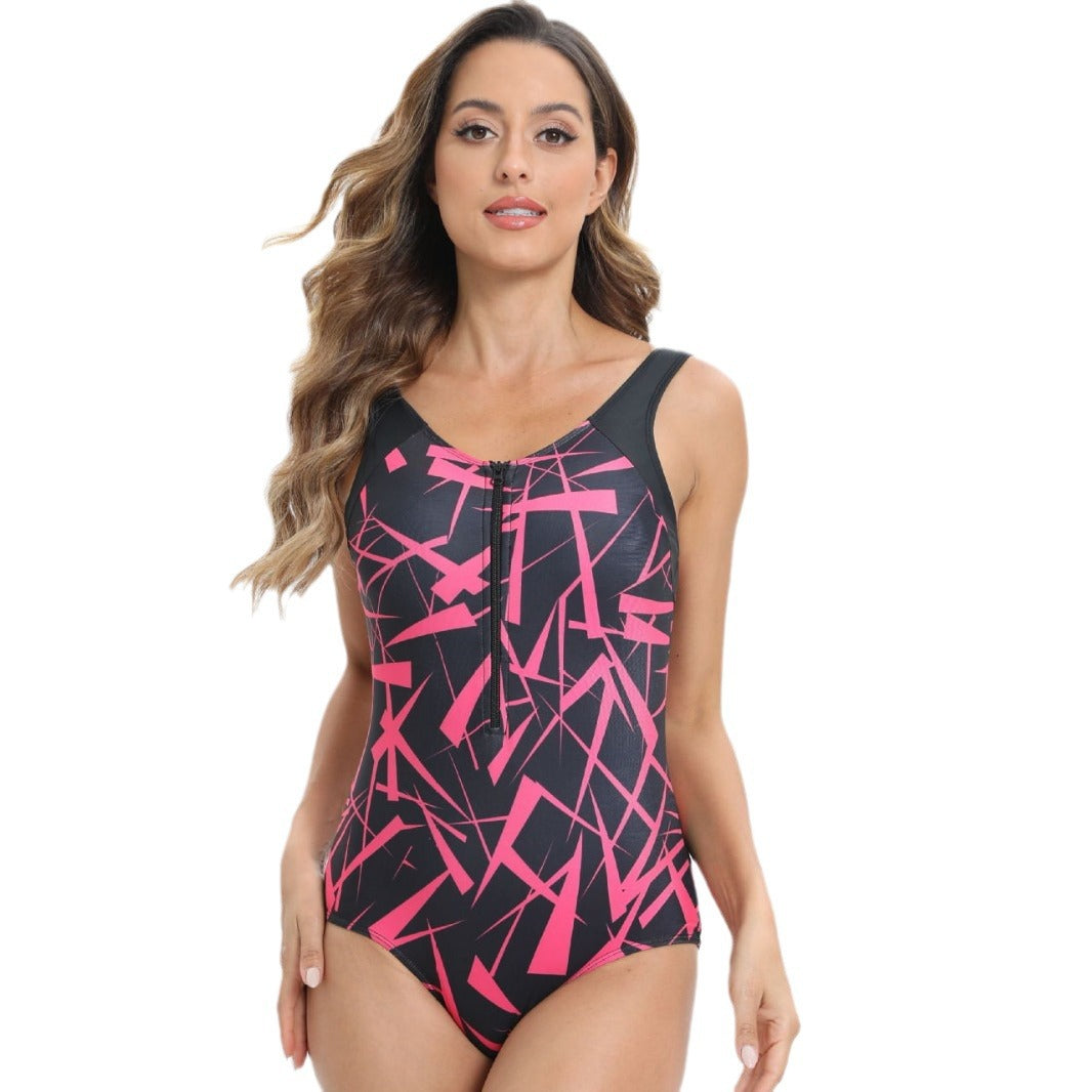 Maillot de bain une pièce pour femmes avec fermeture éclair élégante et motif graphique moderne Chic und Stil