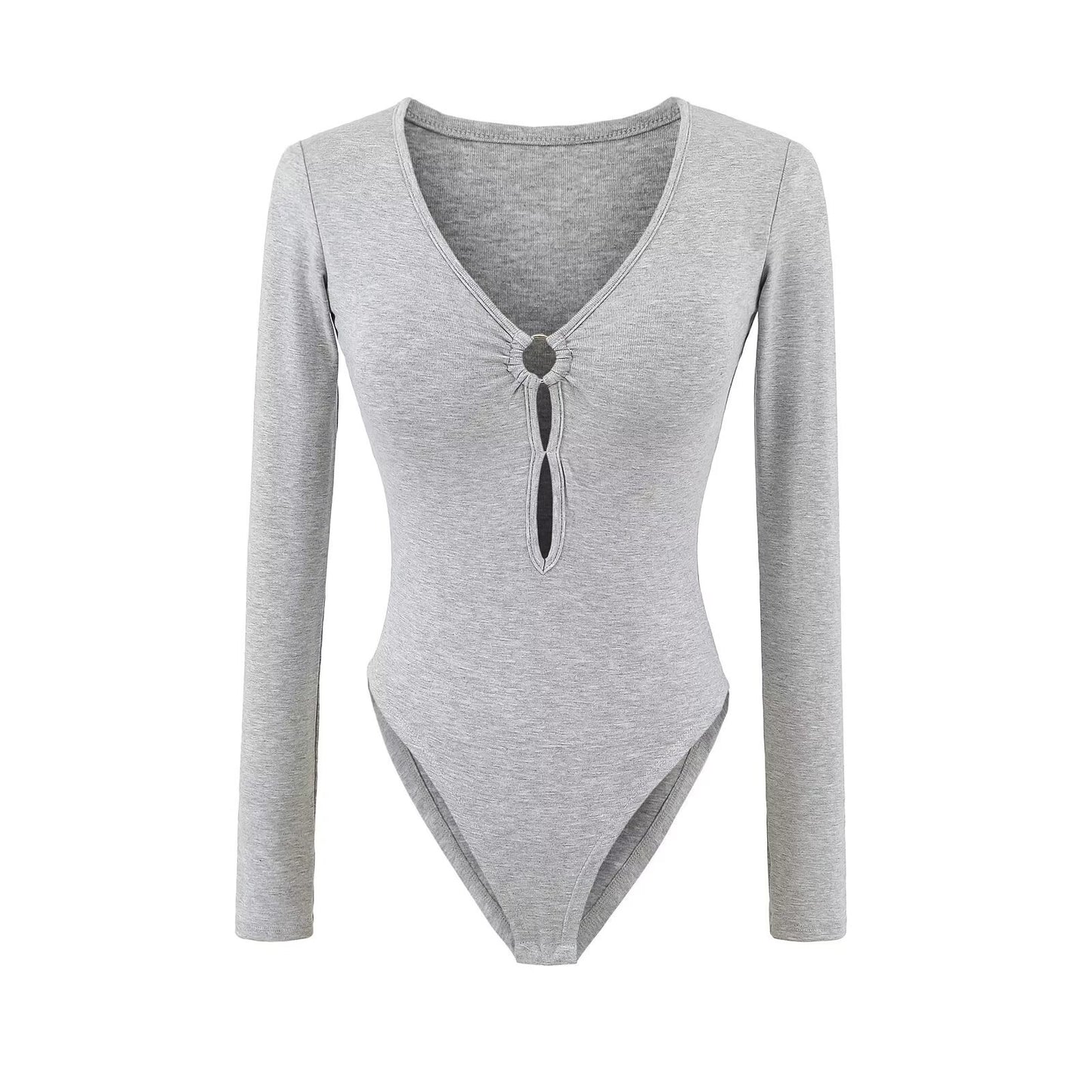 Body féminin à manches longues avec décolleté en V élégant et détail de bague décoratif Chic und Stil
