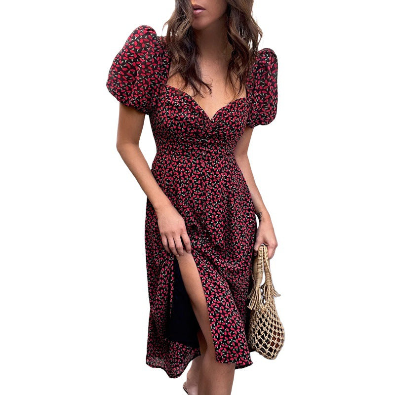 Robe midi à fleurs à manches courtes froncée Chic und Stil