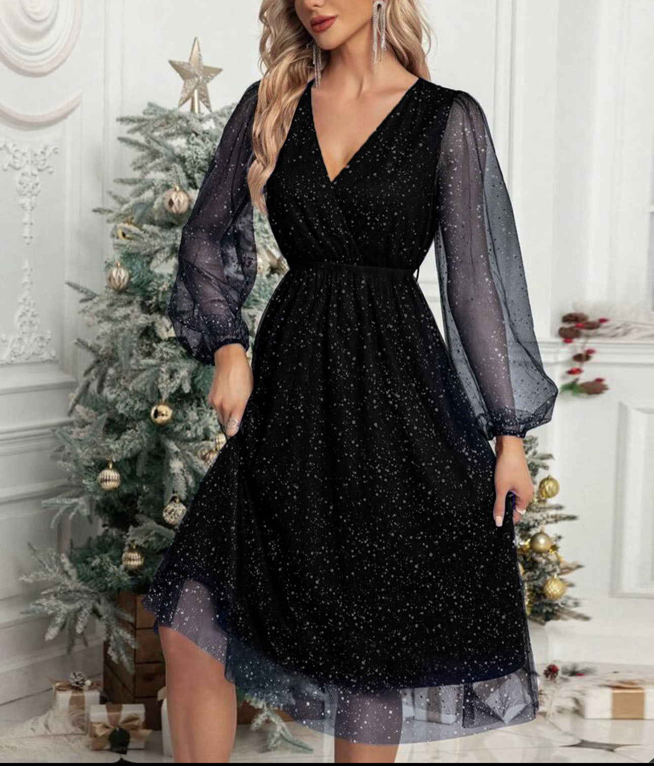 Robe midi glamour pour femmes avec des manches bouffantes transparentes et un motif de sequins scintillants Chic und Stil