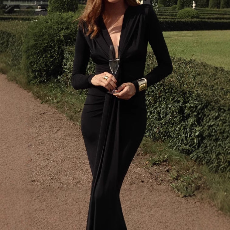 Dames Élégant Robe Maxi à Manches Longues avec Détail de Nœud Raffiné et Design Sculptant Chic und Stil