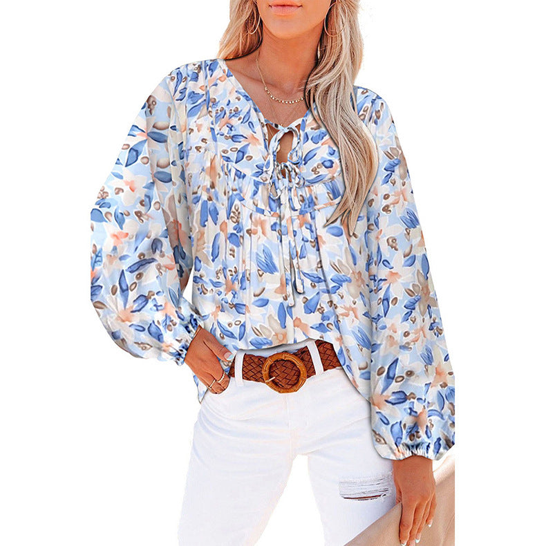Chic and Stylish Casual Women’s Blouse with Floral Print and Ruffled Sleeves