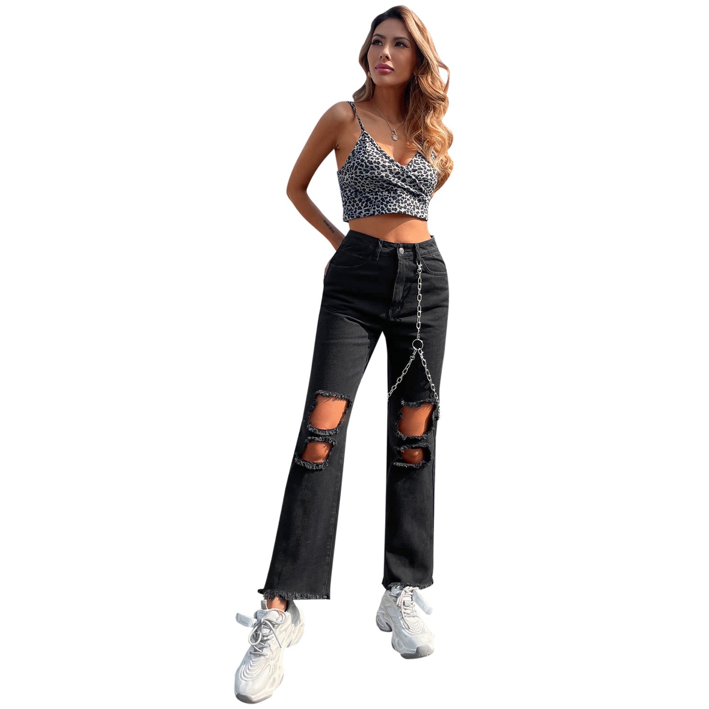 Jeans détruits pour femmes avec poches décontractées et détail chaîne à la mode Chic und Stil
