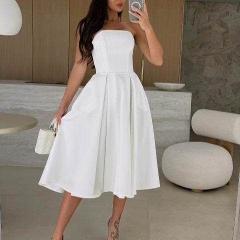 Robe midi à ligne A sans bretelles pour femmes avec jupe fluide Chic und Stil