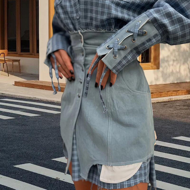 Blouse à carreaux pour femmes avec jupe en jean et coupe artisanale Chic und Stil