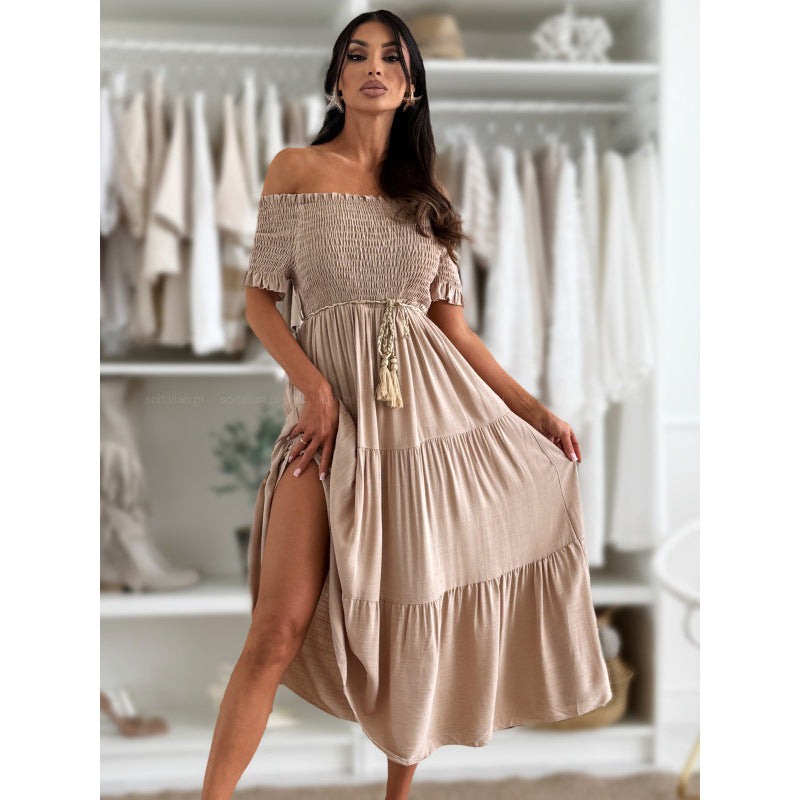 Robe maxi à épaules dénudées pour femme avec nœud à la taille Chic und Stil