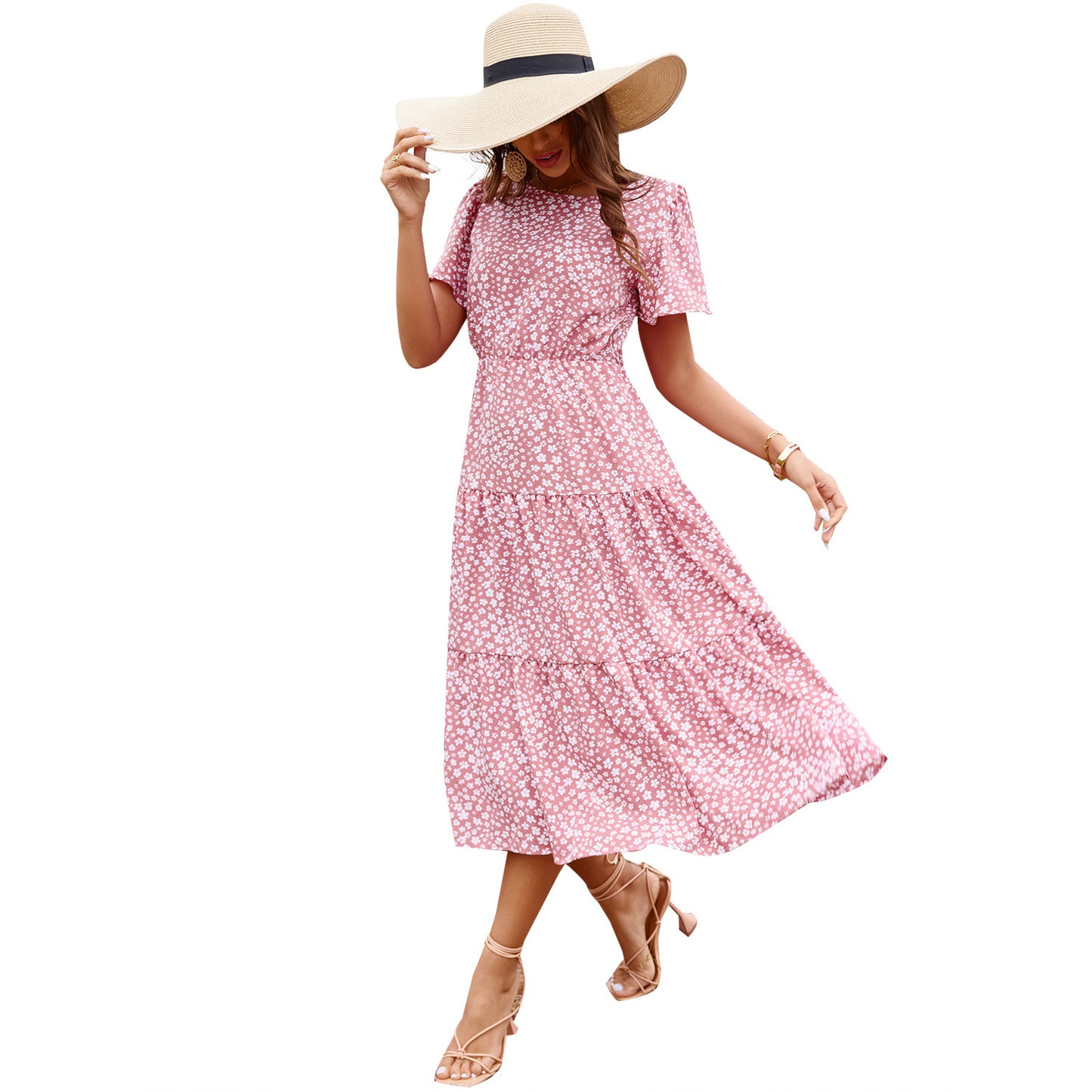 Robe maxi fluide pour femmes avec design floral et ceinture élastique à la taille Chic und Stil