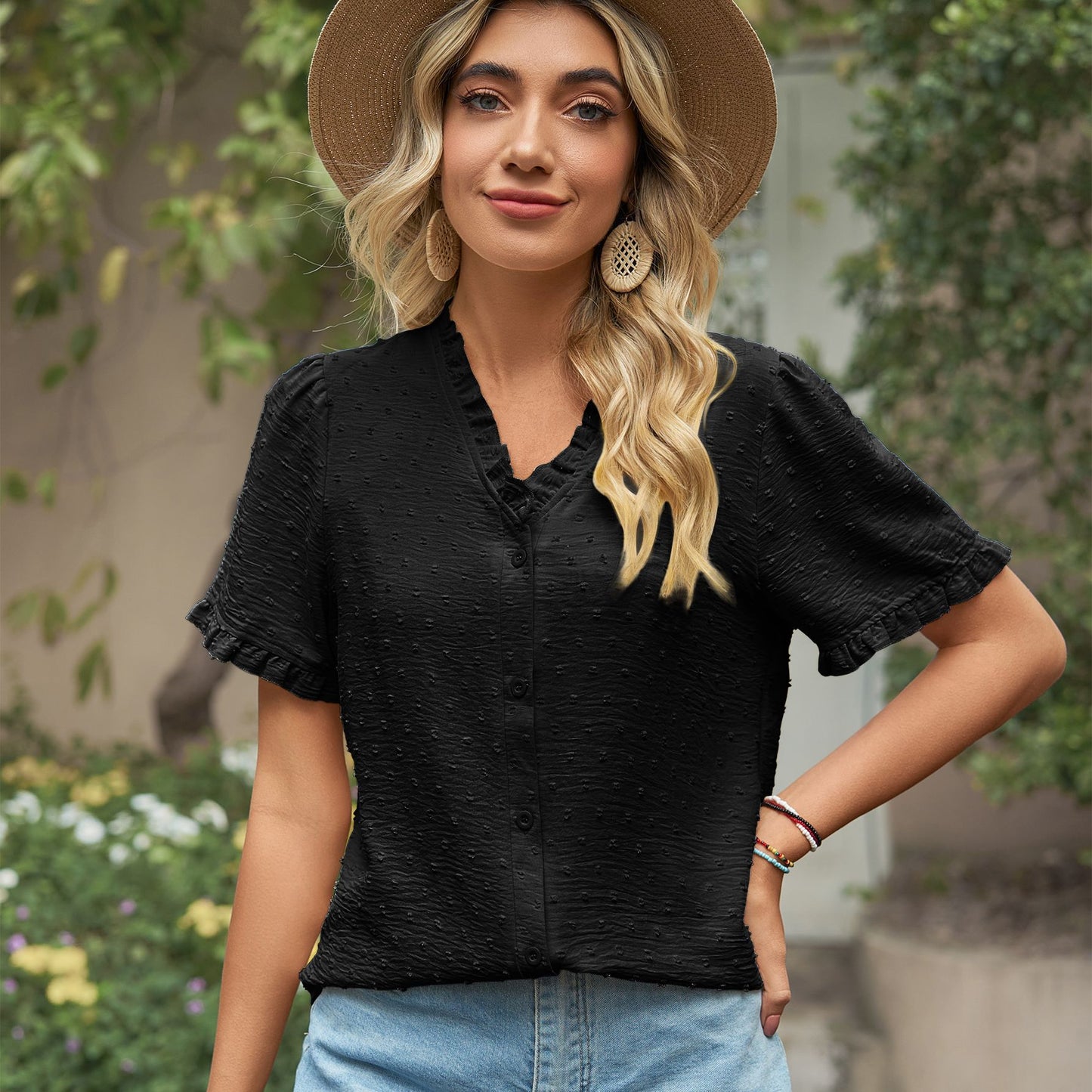 Women's blouse with ruffle details and light structured fabric Chic und Stil