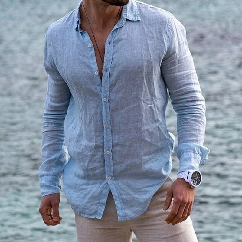 Chemise en lin pour hommes avec col montant moderne et patte de boutonnage décontractée Chic und Stil