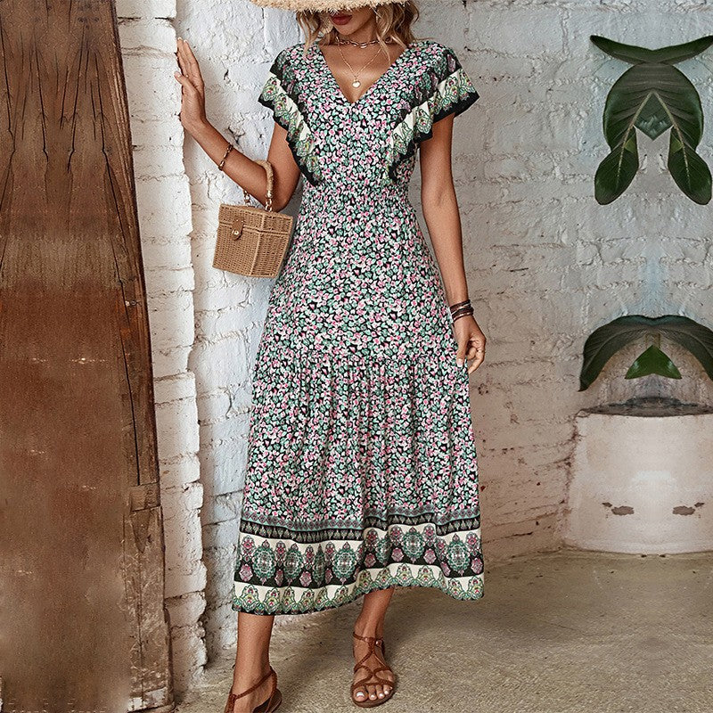 Robe Maxi Florale à Volants pour Femmes avec Imprimé Vintage Chic und Stil
