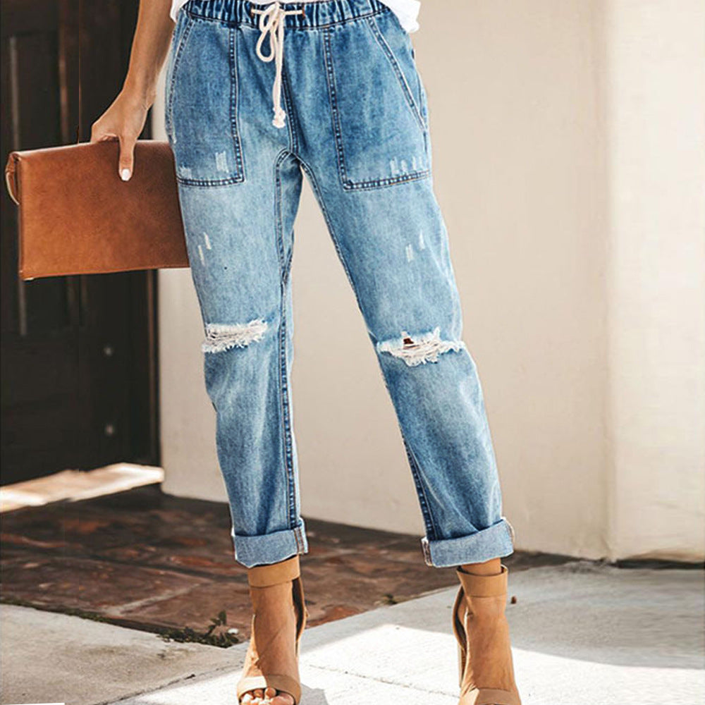 Women's Ripped Jeans with Elastic Waist and Relaxed Fit Chic and Style