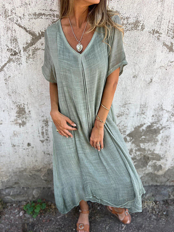 Robe maxi décontractée pour femmes en tissu léger avec décolleté en V et manches courtes Chic und Stil