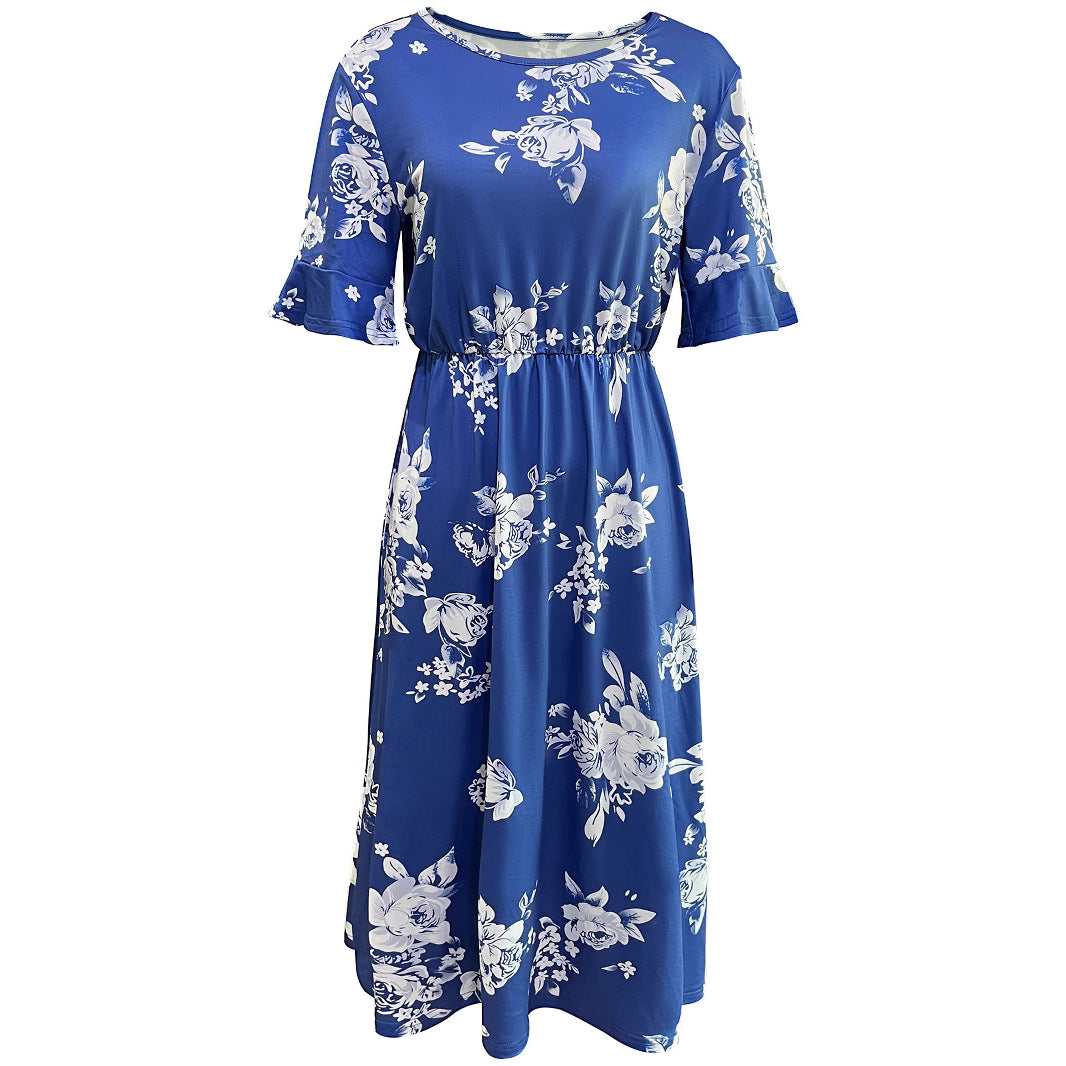 Robe midi pour femmes avec motif floral et taille élastique Chic und Stil