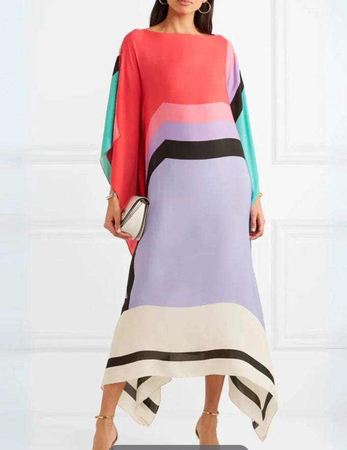 Aerial maxi dress for women with modern graphic pattern and asymmetrical hem Chic and Style