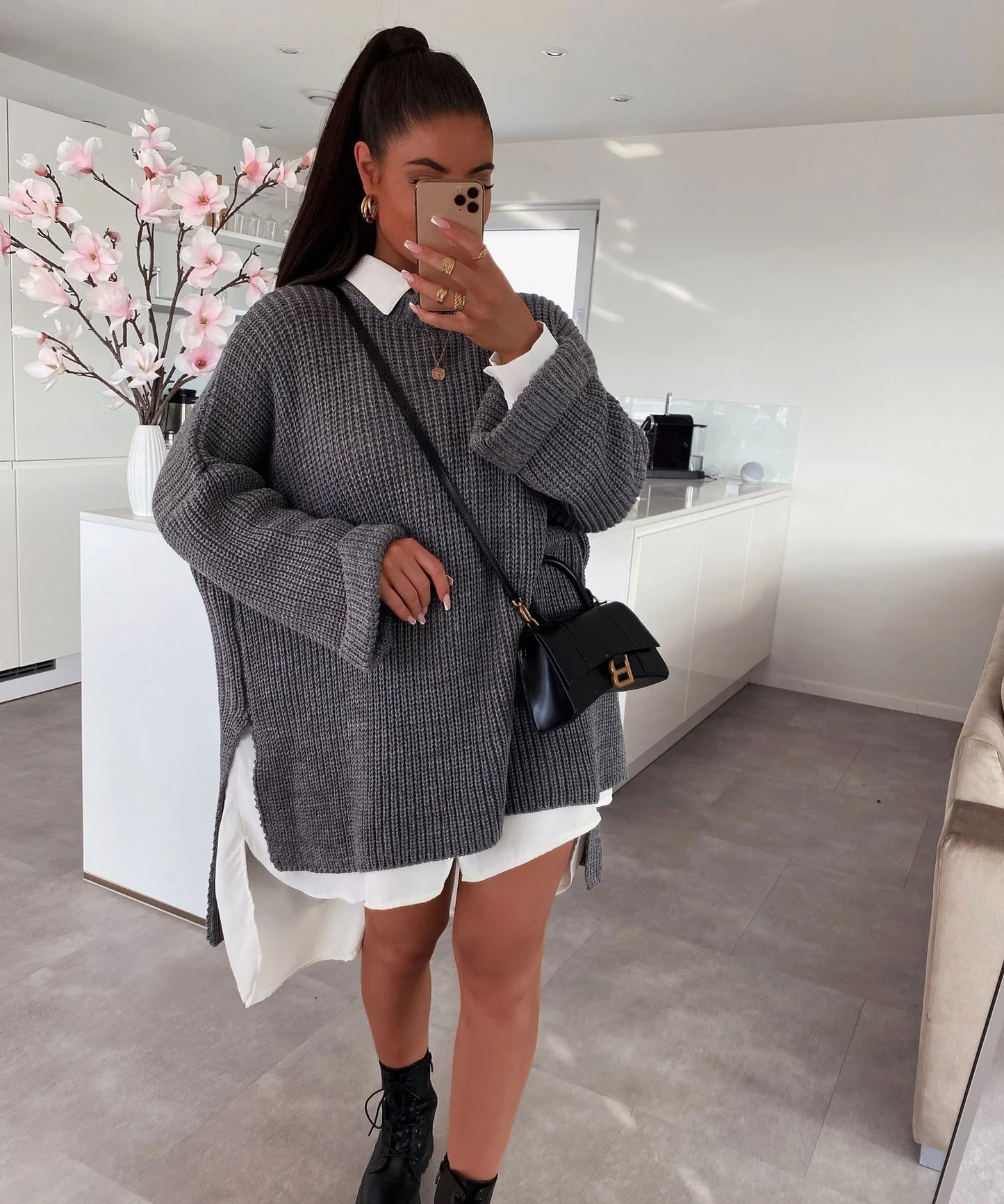 Pull oversized en maille épaisse pour femme avec décolleté en V et coupe décontractée Chic und Stil