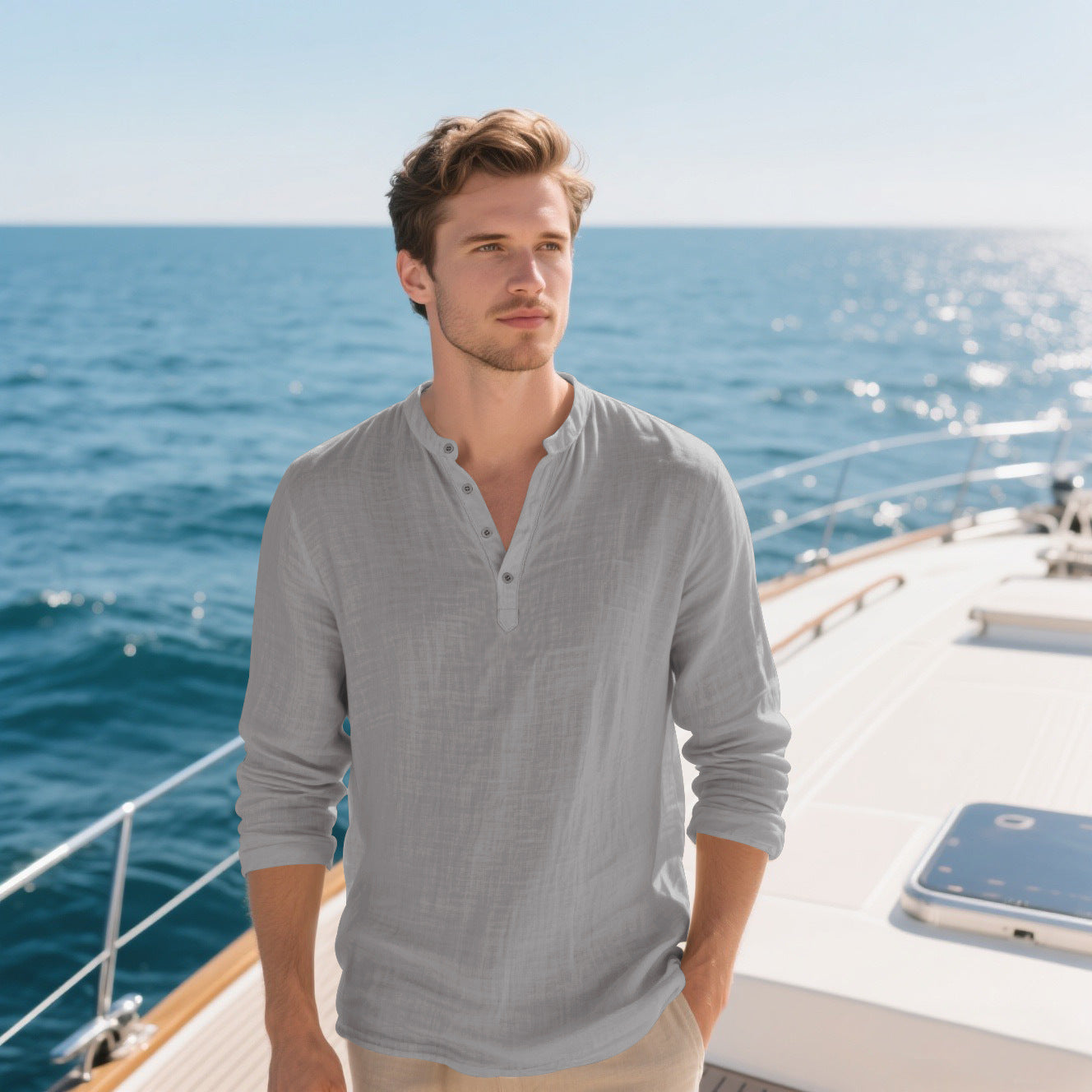 Chemise élégante pour hommes à manches longues avec col montant à la mode et surface texturée Chic und Stil