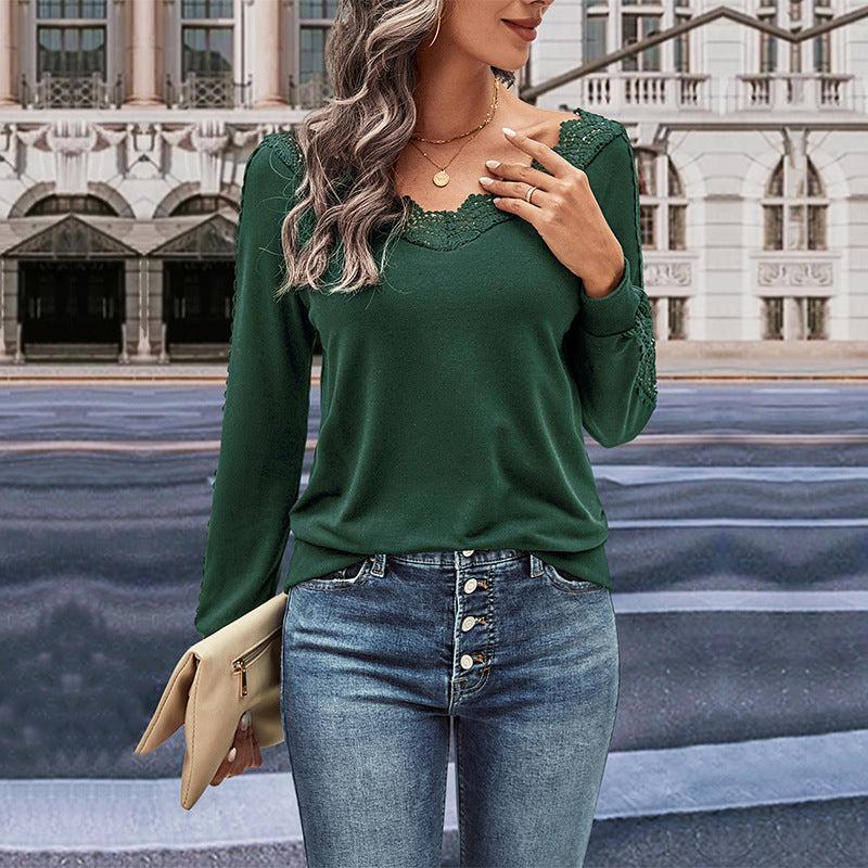 Chemisier à manches longues pour femmes avec ornements en dentelle et décolleté en V Chic und Stil