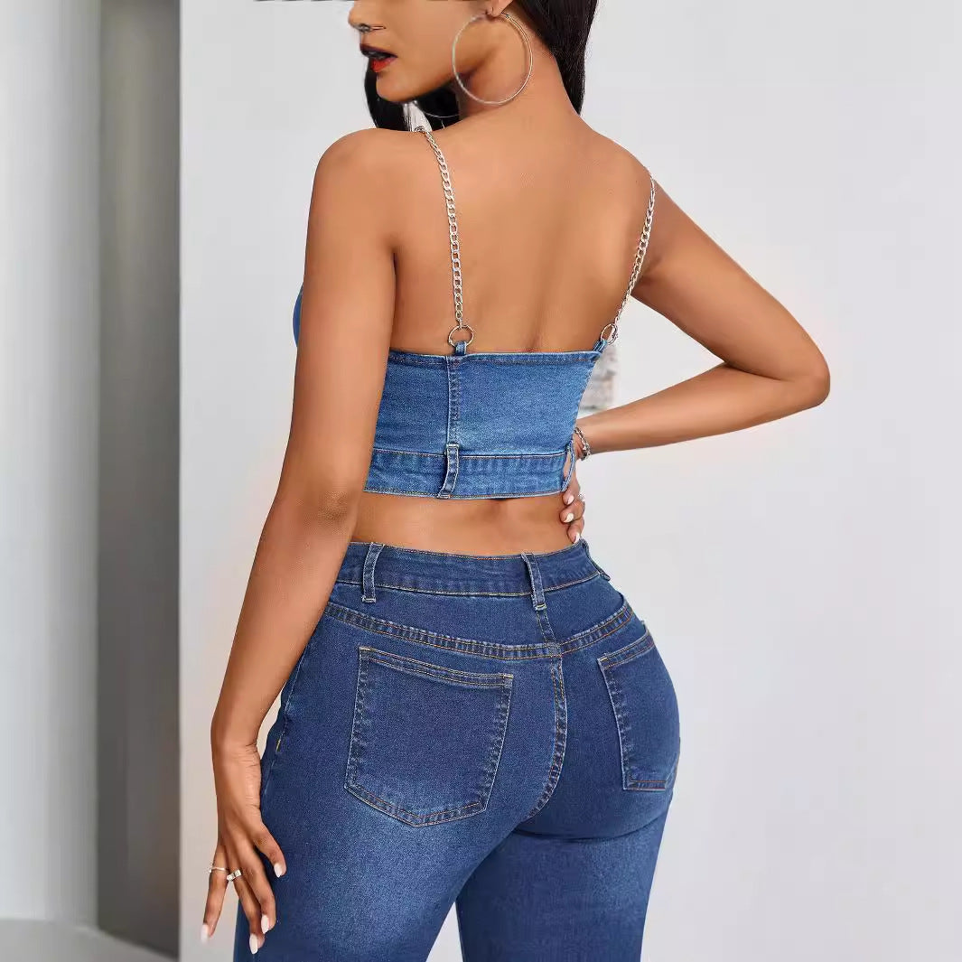 Top en denim cropped pour femme avec décolleté en V et détails de boutons Chic und Stil