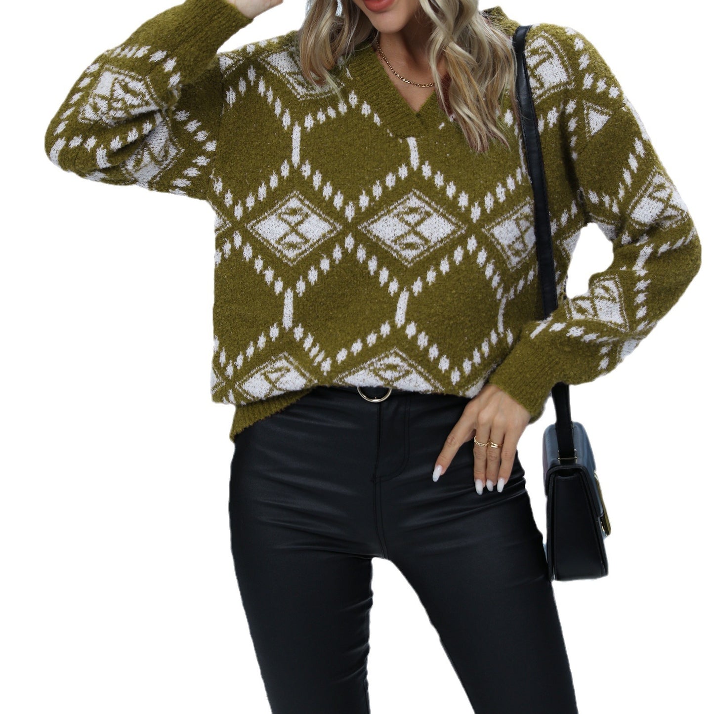 Pull en tricot pour femmes avec décolleté en V et motif géométrique Chic und Stil