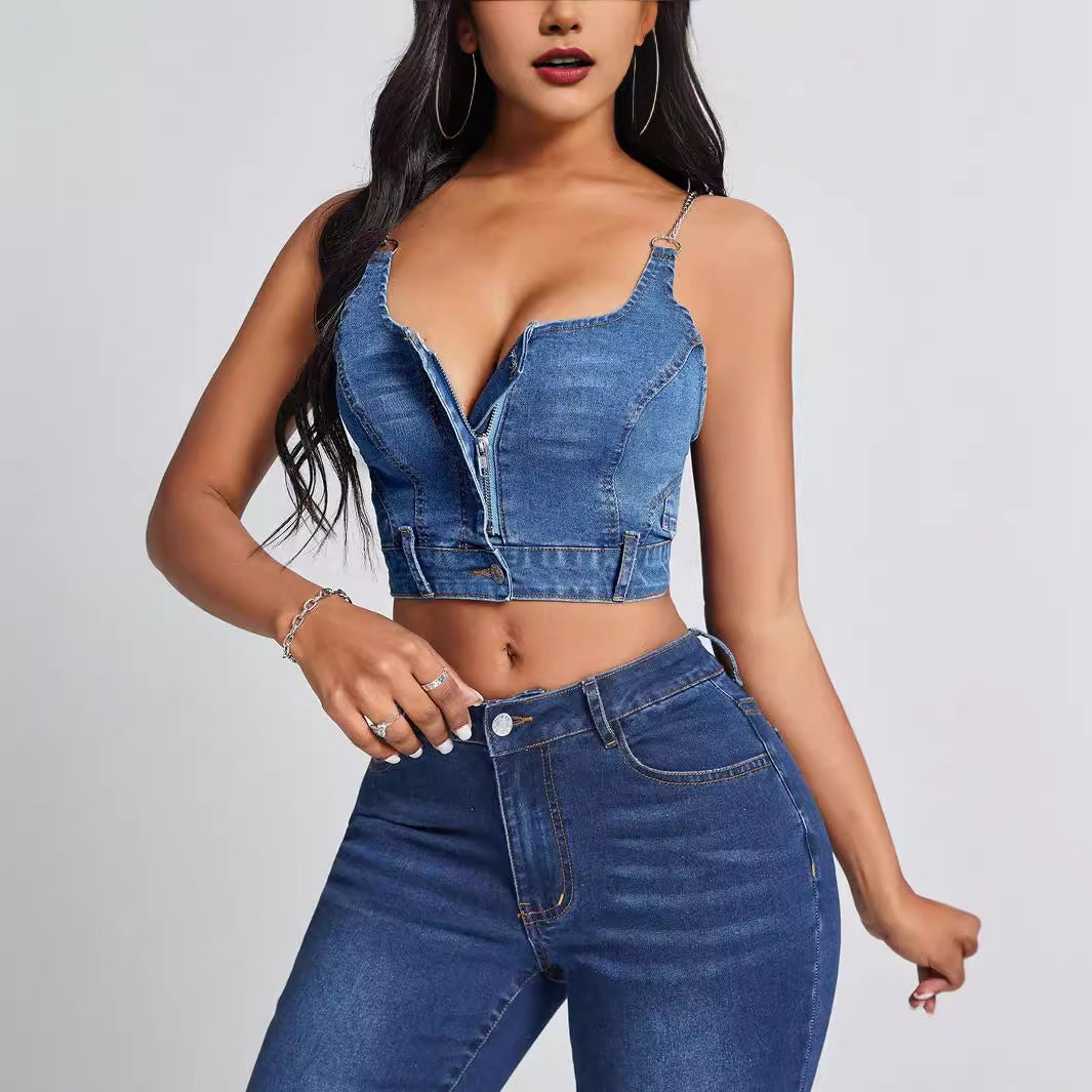 Top en denim cropped pour femme avec décolleté en V et détails de boutons Chic und Stil