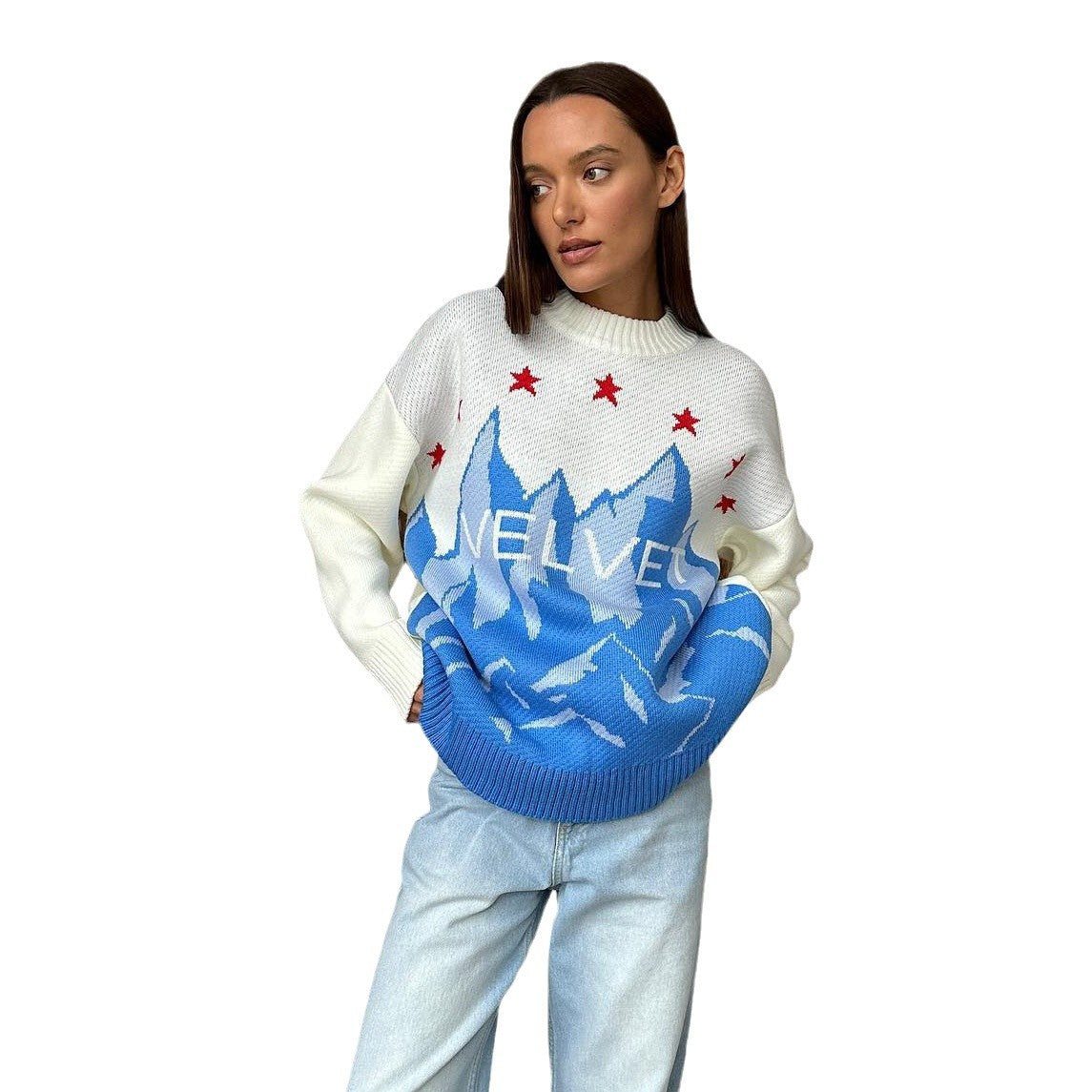 Pull en tricot pour femmes avec design graphique de montagne et étoiles stylées Chic und Stil