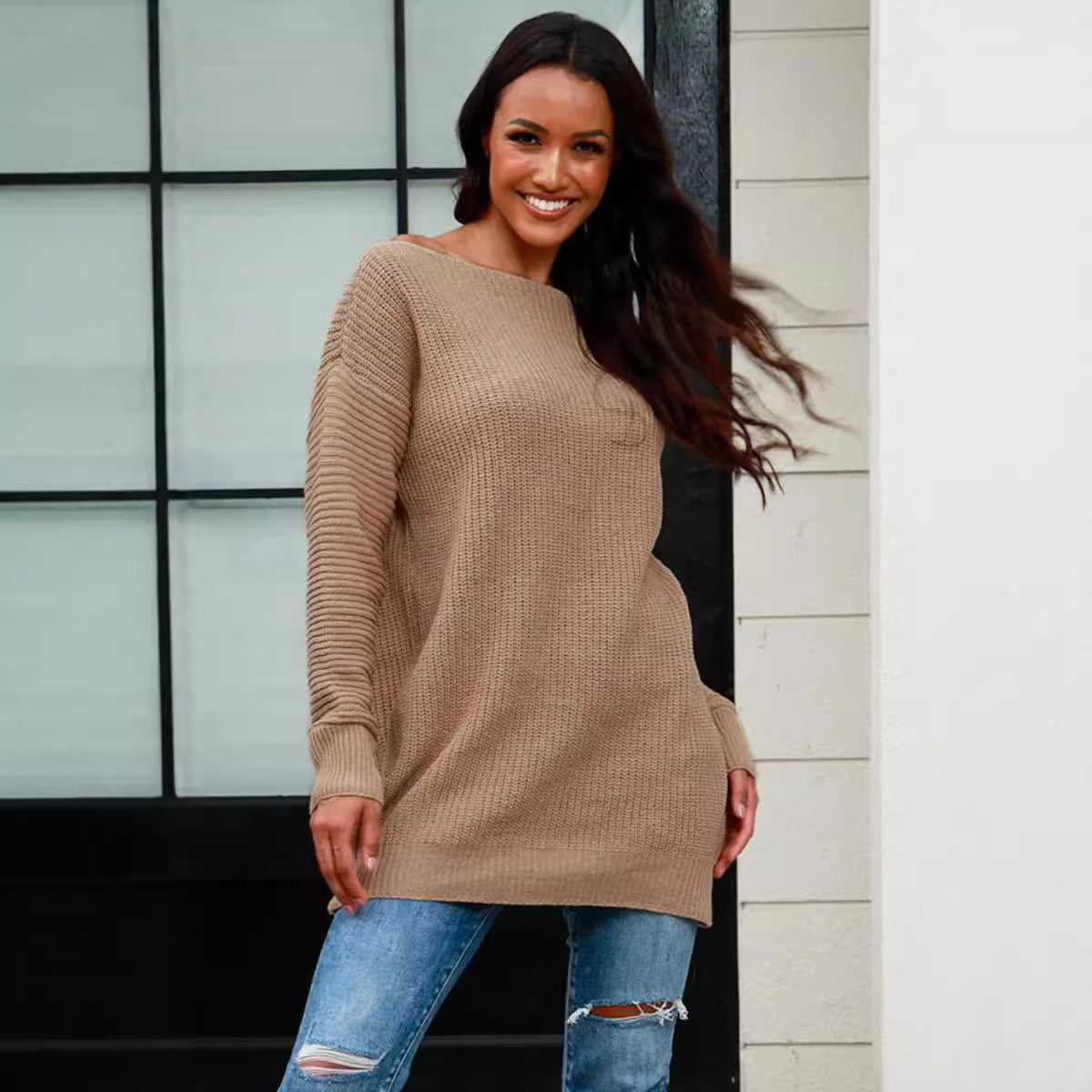 Pull en tricot décontracté pour femmes avec encolure large et structure en côte Chic und Stil