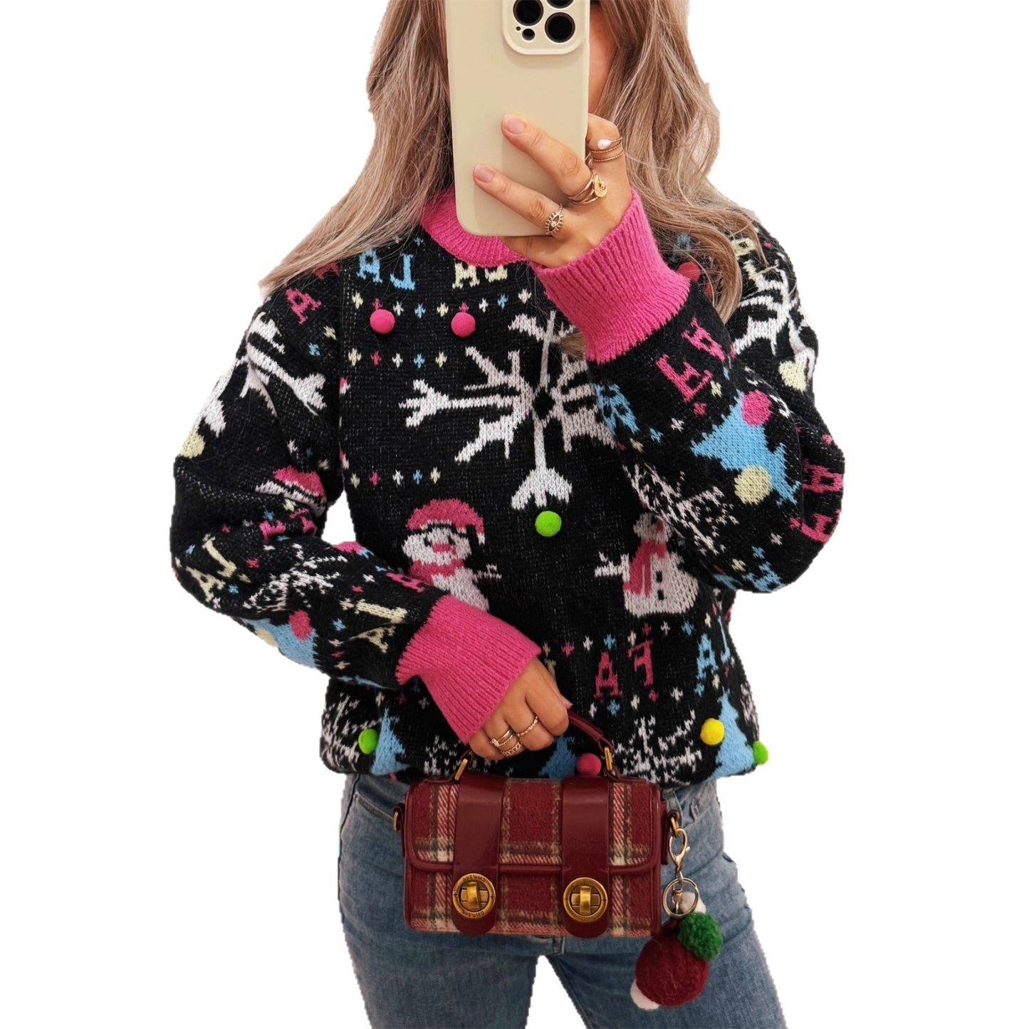 Pull élégant pour femmes avec des motifs de Noël colorés et des détails ludiques Chic und Stil