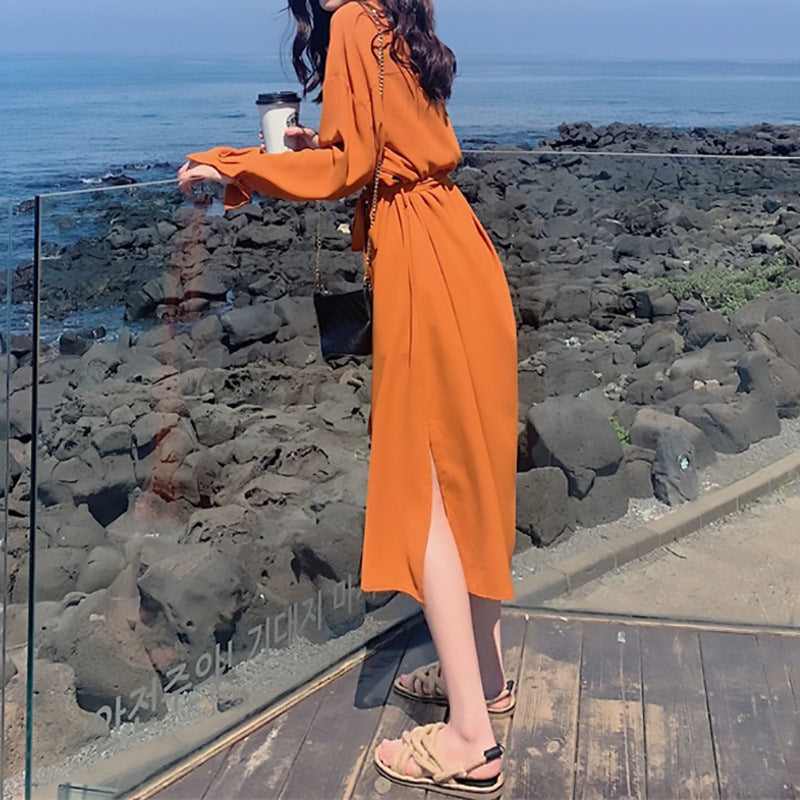 Robe maxi élégante à manches longues pour femmes avec détail fente Chic und Stil