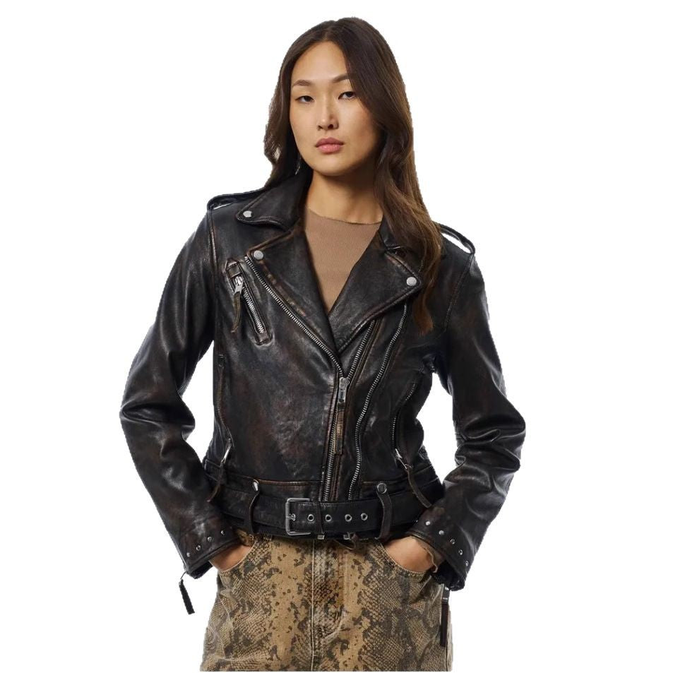Dames imitation cuir veste de motard avec fermeture éclair asymétrique Chic und Stil