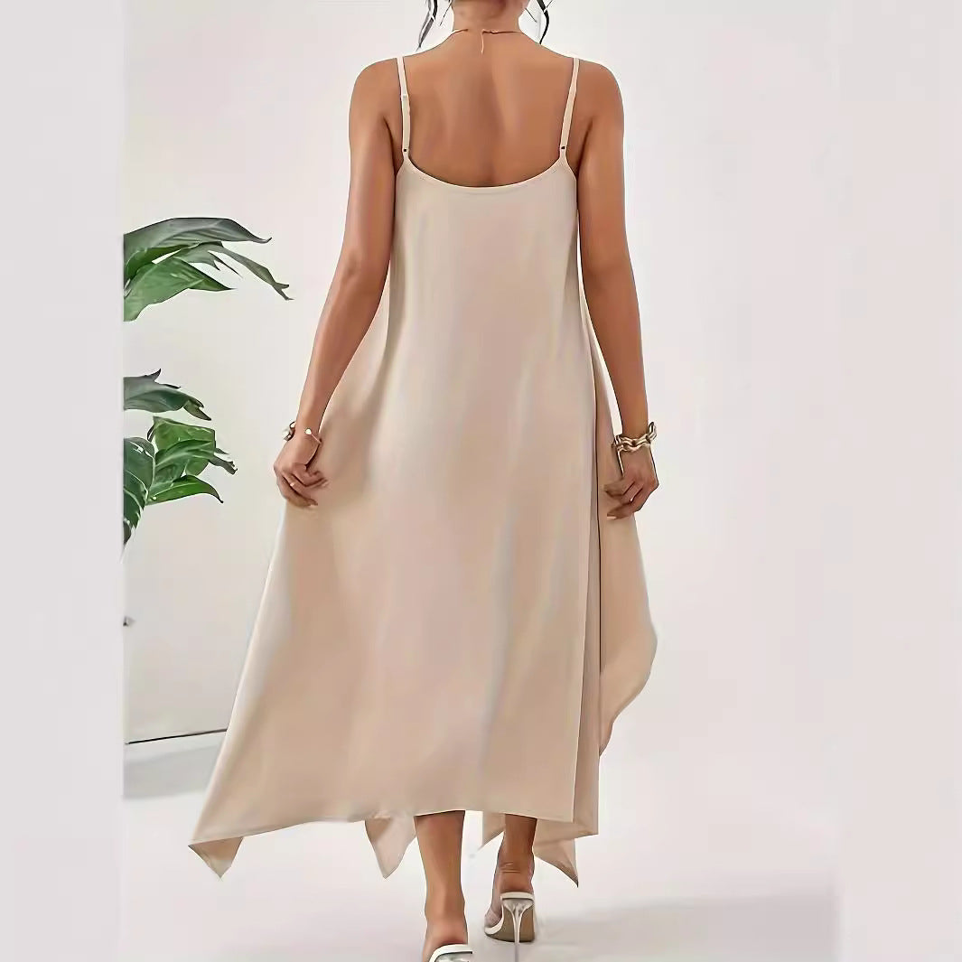 Robe maxi aérienne pour femmes avec ourlet asymétrique et fines bretelles spaghetti Chic und Stil