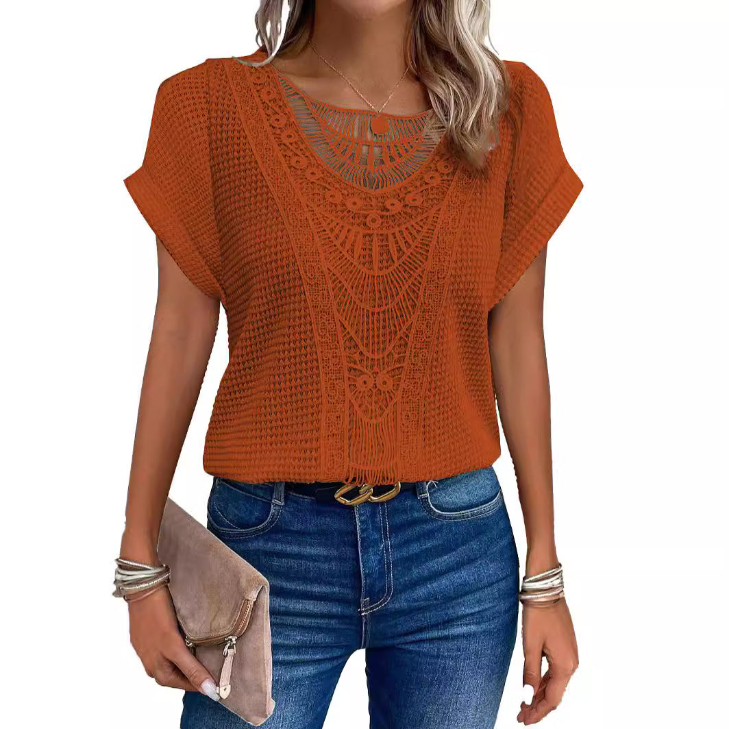Women's crossover neckline top with a refined crochet pattern Chic und Stil