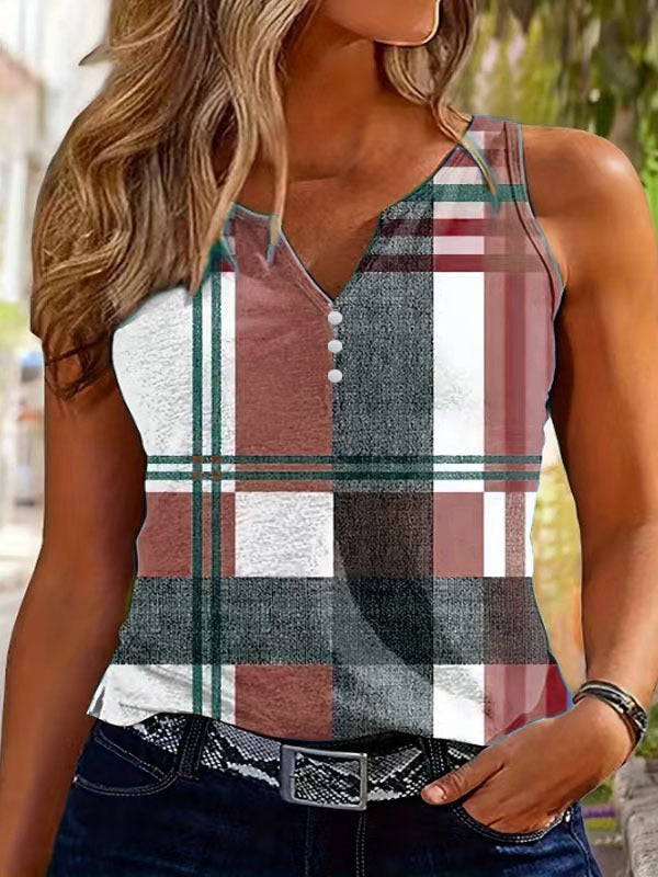 Top sans manches pour femmes à col en V avec détail de bouton décoratif et motif à carreaux moderne Chic und Stil
