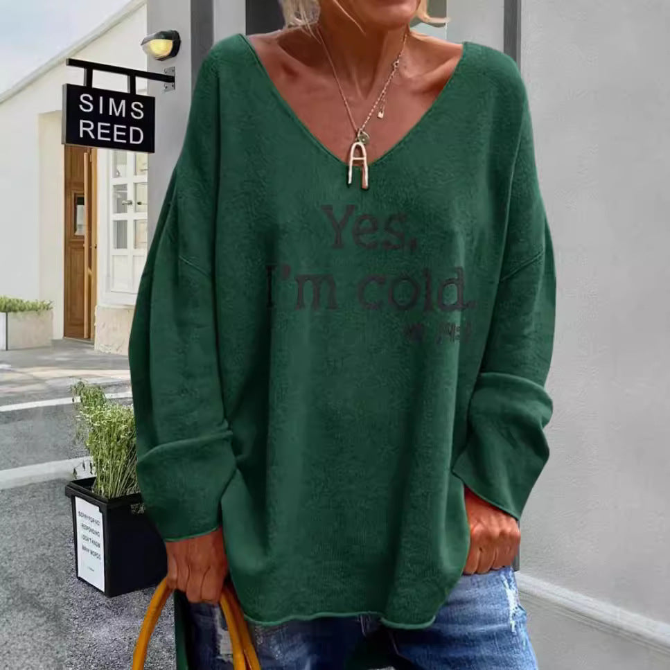 Dames pull oversized avec décolleté en V moderne et statement imprimé Chic und Stil