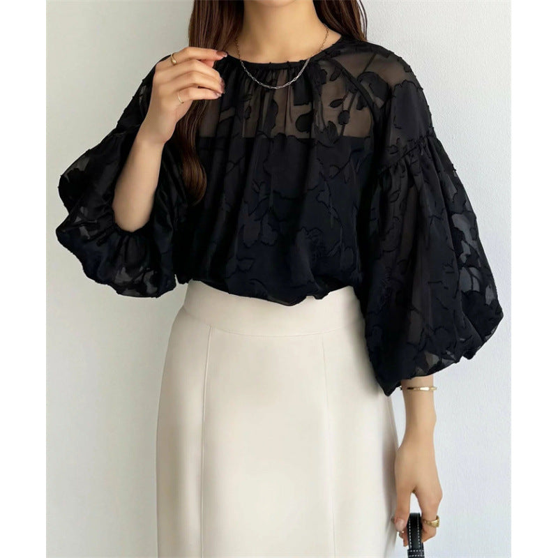 Dames Blouse à manches bouffantes transparentes à fleurs Chic und Stil