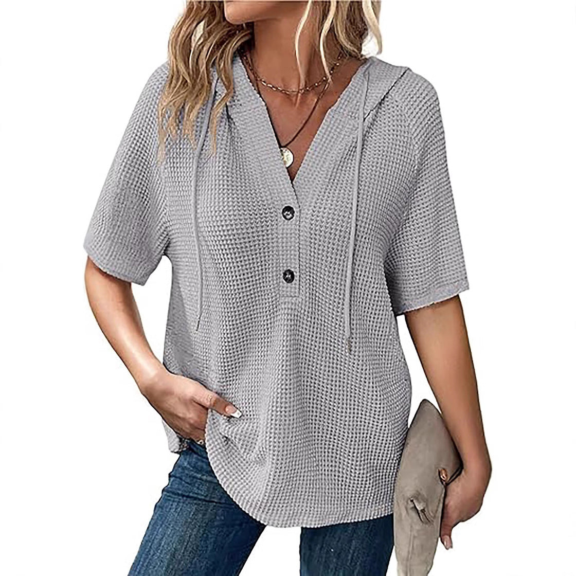 Women's short-sleeved waffle-knit blouse with hood and button placket Chic und Stil