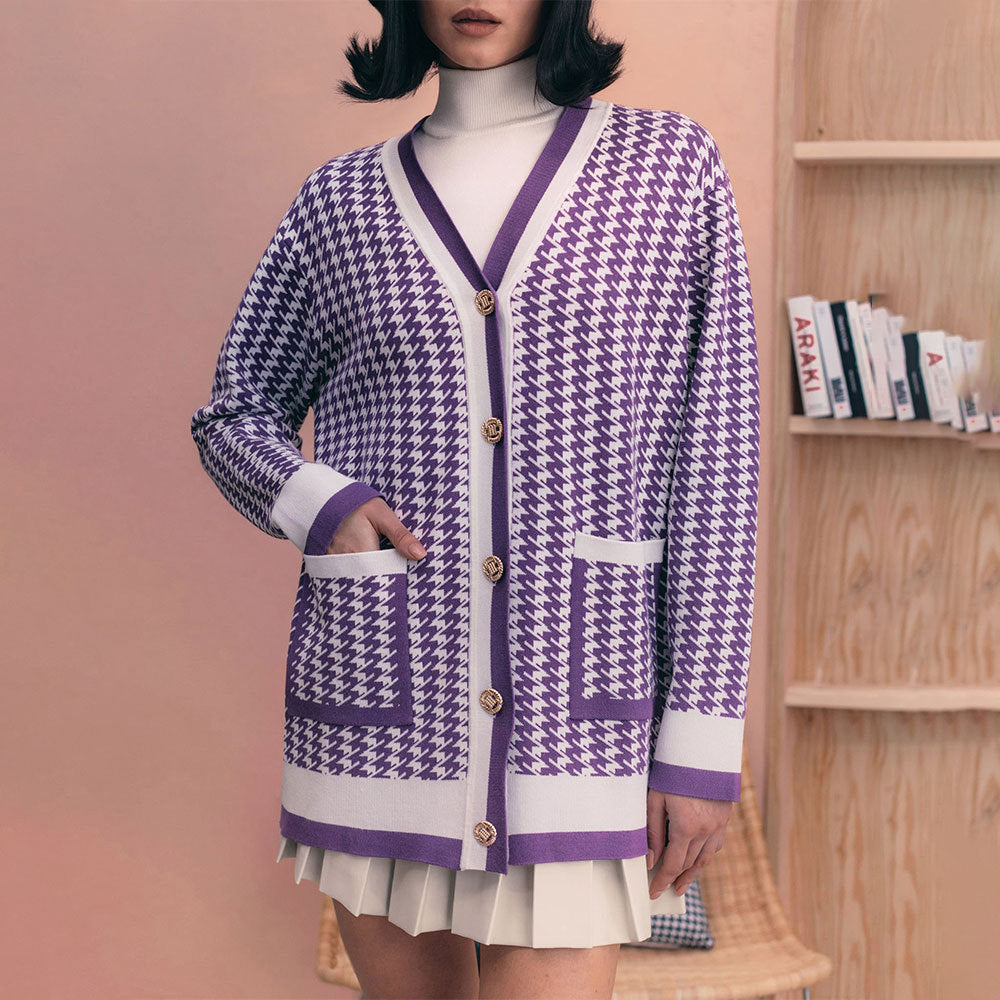 Cardigan en tricot pour femmes avec un motif classique pied-de-poule et patte de boutonnage Chic und Stil