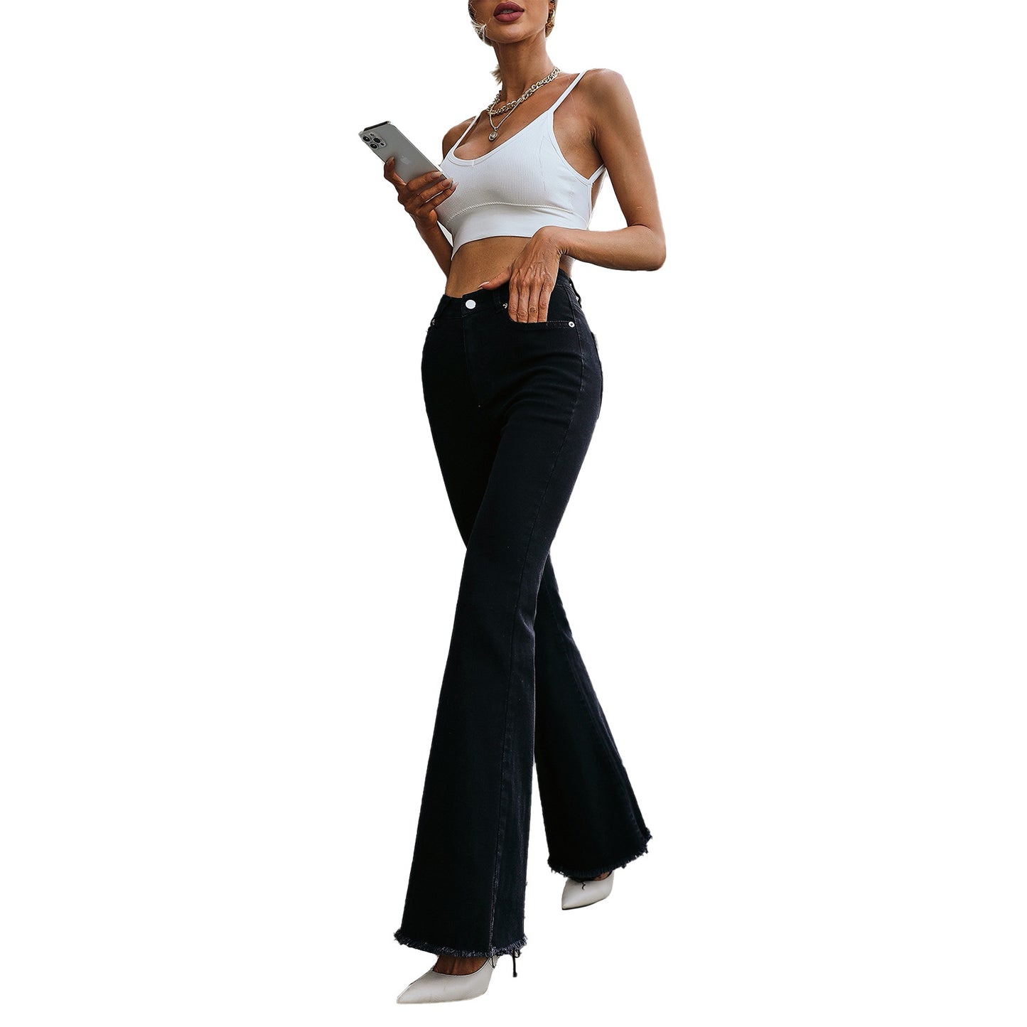 Jean évasé pour femmes avec taille haute et ourlet effiloché Chic und Stil
