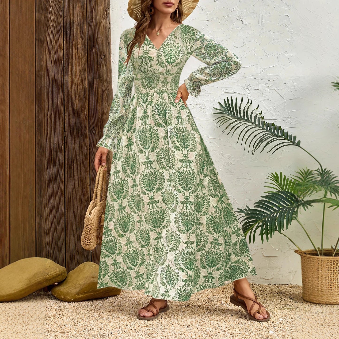 Robe maxi longue pour femmes avec motif Jacquard floral et manches volumineuses Chic und Stil